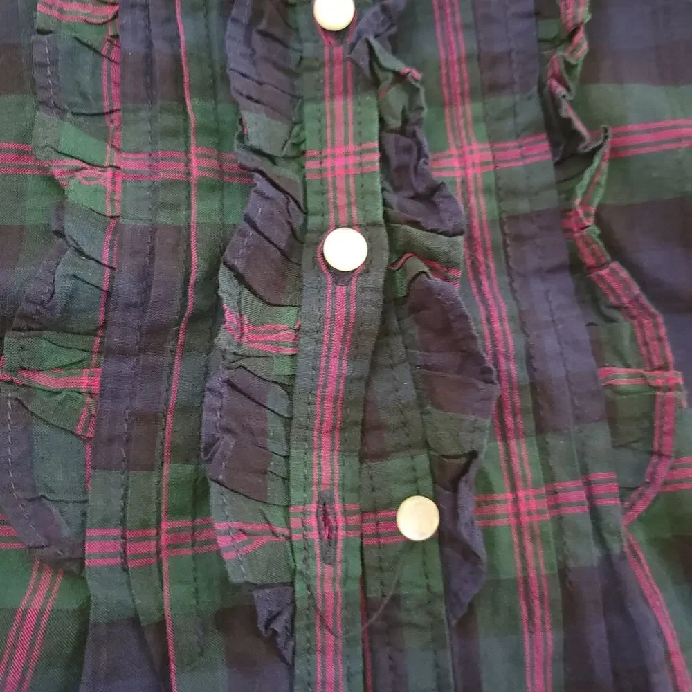 Ralph Lauren Shirt Girls 5 Cotton Plaid Puff Shoulder Pintuck Ruffle Button